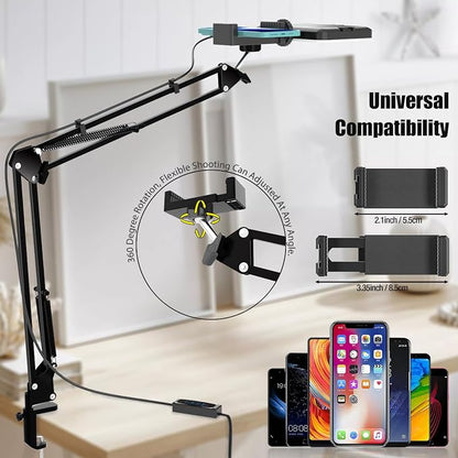 LED Selfie Light with Overhead Phone Mount，USB Powered Video Lighting Kit with Adjustable Arm Stand and 360° Phone Holder, Studio Lighting for Live Streaming, YouTube Videos, Cooking, Drawing