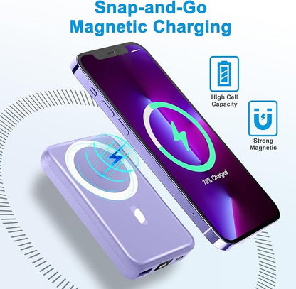 AOGUERBE for Magsafe Portable Charger, 10000mAh Magnetic Power Bank PD 22.5W Fast Charging Wireless Battery Pack with LED Display for iPhone 17/16/15/14/13/12 Series-Purple