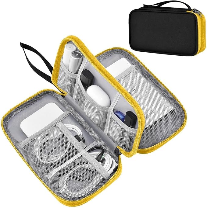 ZINMARK Portable Cable Organizer Case,Travel Pouch with Double-Layer Storage for Cables,Chargers,Earbuds & Phone,Black Yellow– Small Size