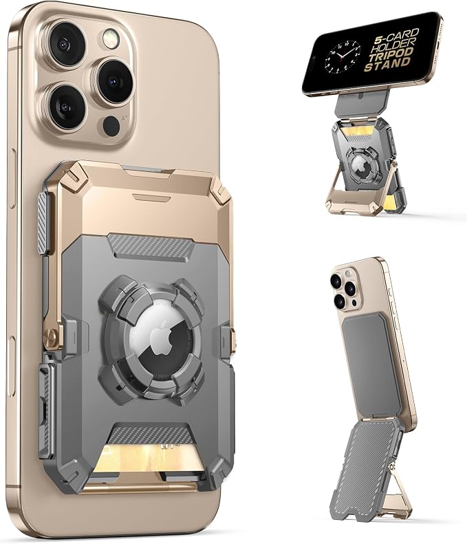 SUPCASE for MagSafe Wallet with AirTag Holder, Magnetic Airtag Wallet for Men, [Hold 5 Cards] [Adjustable Stand] [RFID Blocking] Card Holder Tripod for iPhone 17/16/15/14/13/12 Series, DesertGold