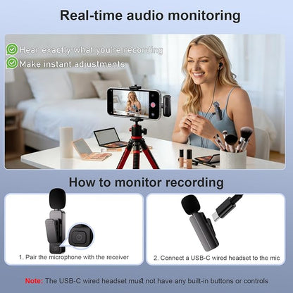 2-Pack Wireless Mini Lavalier Lapel Microphone for iPhone 15,16,Android Phone w/ Charging Case - 65ft Cordless Clip on Dual Mics with Noise Reduction 6H Working Time for Video Recording Vlogging