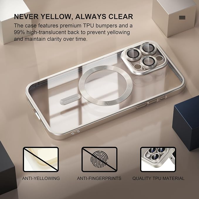 Misea Magnetic for iPhone 15 Pro Max Case [Never Yellowing] [Military Grade Drop Protection] Full Camera Lens Protector Soft Clear Phone Case for Women Girls, Titanium Natural