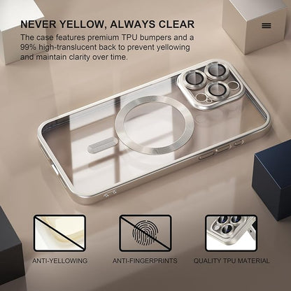 Misea Magnetic for iPhone 15 Pro Case [Never Yellowing] [Military Grade Drop Protection] Full Camera Lens Protector Soft Clear Phone Case for Women Girls, Titanium Natural