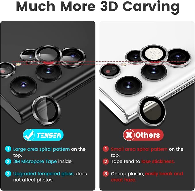 Tensea [3+2PCS for Samsung Galaxy S22 Ultra Camera Lens Protector, 9H Tempered Glass Camera Cover Screen Protector Metal Individual Ring for S22 Ultra 5G 2022 [Installation Tray][Removal tool]- Black
