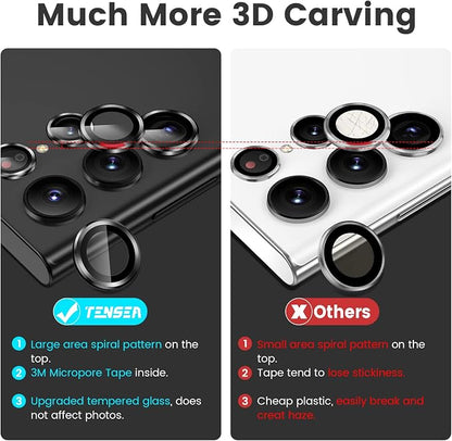 Tensea [3+2PCS for Samsung Galaxy S22 Ultra Camera Lens Protector, 9H Tempered Glass Camera Cover Screen Protector Metal Individual Ring for S22 Ultra 5G 2022 [Installation Tray][Removal tool]- Black