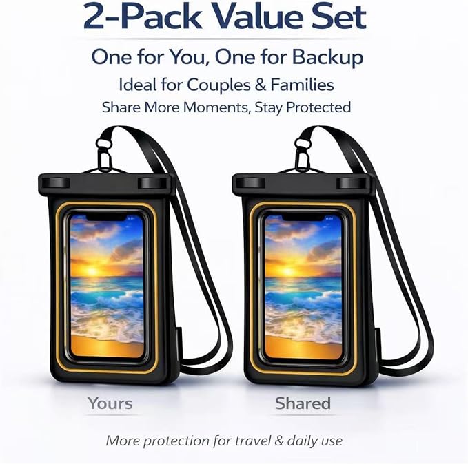 2-Pack IPX8 Floating Waterproof Phone Pouch, Dry Bag with Lanyard, Fits up to 7.2”, Compatible with iPhone 16/15/14/13 Pro Max, Galaxy S25/S24 Ultra, Pixel for Snorkeling, Kayaking(Black-Black)