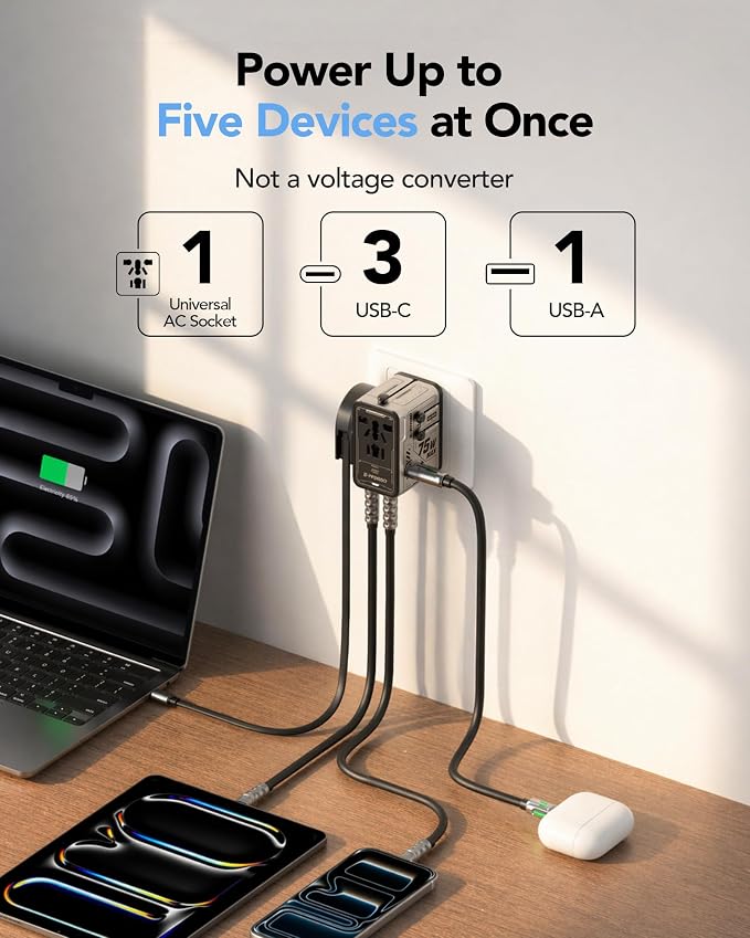 MFish 75W Universal Travel Adapter, 5-Port International Power Adapter with Retractable USB-C Cable, 3 USB-C & 1 USB-A + AC Outlet, Worldwide Wall Charger for MacBook, iPhone, iPad, EU/UK/US/AUS, Grey