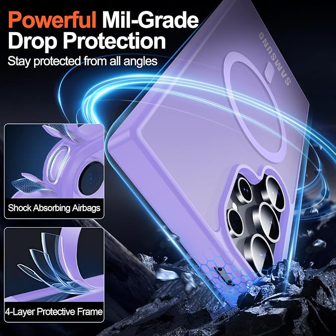 MOZOTER for Samsung Galaxy S24 Ultra Case,[Compatible with MagSafe] Purple | [12Ft Military Dropproof][2*Screen Protector]Translucent Anti-Slip Back Slim Shockproof Case for S24 Ultra-Purple