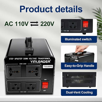 Yinleader 2000W PRO 110V to 220V Voltage Converter Step Up/Down Transformer | 110-120V/220-240V for 220/230/240V Global Appliances use in US