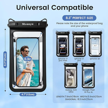 Niveaya Double Space Waterproof Phone Pouch, IPX8 Phone Case with Lanyard for iPhone 17 16 15 Pro Max, Galaxy S25 Ultra, Cellphone Dry Bag for Beach, Cruise Travel Ship Essentials 2 Pack (up to 8.3")