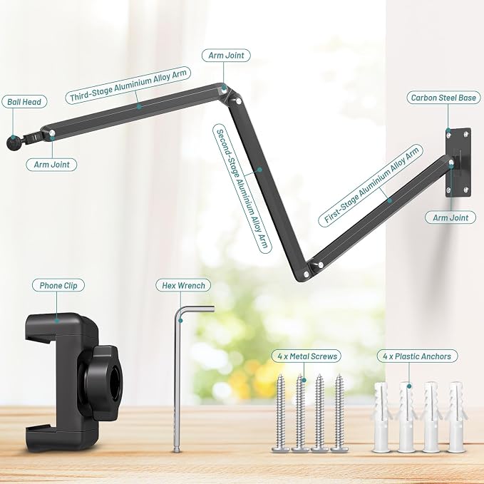 Wall Mount Phone Holder,Phone Holder for Desk Bed,3-Stage Aluminium iPhone Stand,Foldable Extendable Arms Heavy Duty Drilling Base,Compatible with 3.5~7.5" iPhone/HTC/LG/Huawei/Galaxy/Smartphones