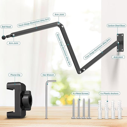 Wall Mount Phone Holder,Phone Holder for Desk Bed,3-Stage Aluminium iPhone Stand,Foldable Extendable Arms Heavy Duty Drilling Base,Compatible with 3.5~7.5" iPhone/HTC/LG/Huawei/Galaxy/Smartphones