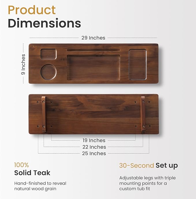 Premium Teak Bathtub Tray for Freestanding Baths - 29" Adjustable Spa Caddy | Compact, Thick & Stable Design | Anti-Tip with Accessories Holder | Natural Water-Resistant Finish