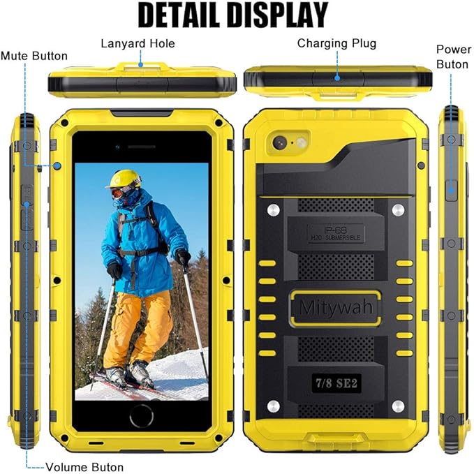 Mitywah Waterproof Case for iPhone SE 2020, Heavy Duty Military Grade Armor Metal Case, Full Body Protective Rugged Shockproof Thick Dustproof Strong Case for iPhone SE 2nd Generation, Yellow
