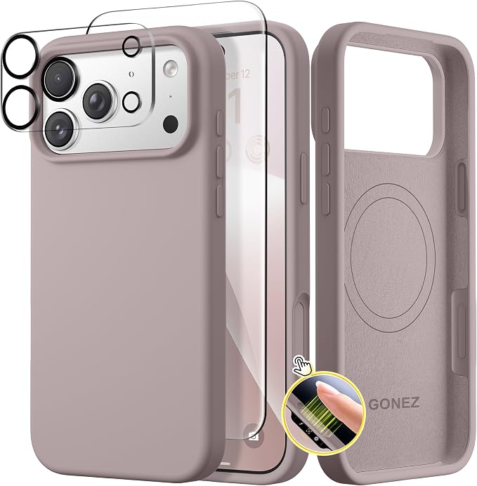 GONEZ Magnetic for iPhone 17 Pro Case, Compatible with MagSafe, [Screen Protector + Camera Lens Protector], Liquid Silicone Anti-Scratch Shockproof Protective Phone Case 6.3 inch, Light Taro