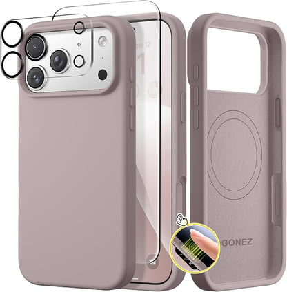 GONEZ Magnetic for iPhone 17 Pro Case, Compatible with MagSafe, [Screen Protector + Camera Lens Protector], Liquid Silicone Anti-Scratch Shockproof Protective Phone Case 6.3 inch, Light Taro