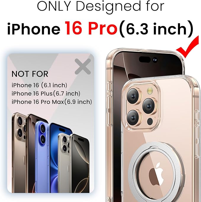 3 in 1 for iPhone 16 Pro Case Clear with Stand,Not Yellowing,Flexible Stable Stand,Kickstand,fits MagSafe,Military-Grade Protection Phone case for iPhone 16 pro Clear - Ring Holder