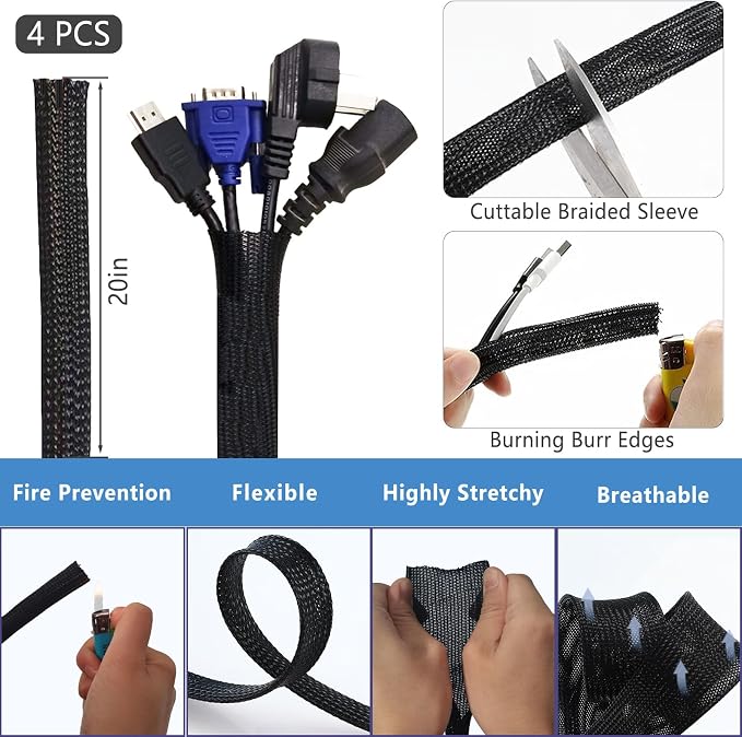 ELII 302PCS Cable Management Kit 4 Cable Sleeve,45Cable Clips | 11Cable Holders,22 Roll Cable Organizer Straps,200 Fastening Cable Ties,20 Cable Zip Tie Mounts, Computer, Under Desk