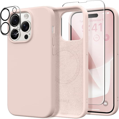 GONEZ for iPhone 14 Pro Case, Compatible with Magsafe, with Screen Protector + Camera Lens Protector, Soft Anti-Scratch Microfiber Lining, Shockproof Liquid Silicone Phone Cover, Pink