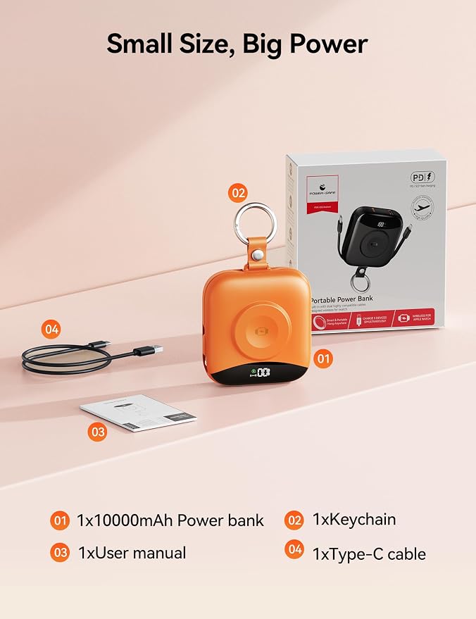 Portable Charger Power Bank, 10000mAh Fast Charging Power Bank with Built-in Cables, Travel Keychain Battery Pack with LED Display for iPhone Samsung Android iPad iWatch Charger 11/10/9/8/Ultra,Orange
