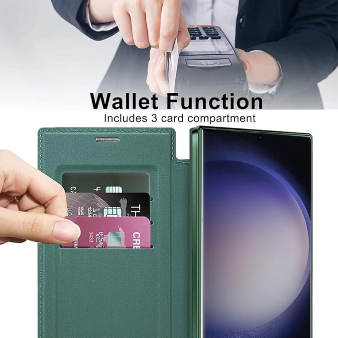 Leather Case for Samsung Galaxy S25 Ultra/S25 Plus/S25, RFID Blocking Flip Case Wireless Charging Magnetic with Card Holder Phone Cover (Green,S25 Plus)