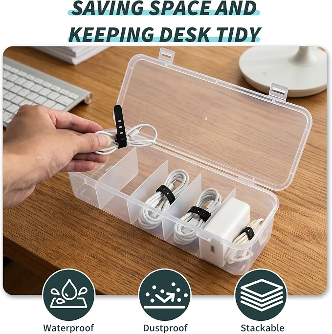 Charging Cord Storage Organizer- 5 Compartments | Charging Cord Organizer Box, with 5 Cable Ties and 1 Cable Clip,for Home Office Desk