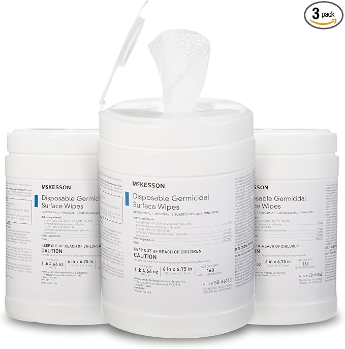 McKesson Germicidal Wipes [480 Count] Disinfecting Wipes, Alcohol Cleaning Disinfectant Wipes, Hospital Grade Multi-Surface Wipes, 160 Wipes, 3 Pack