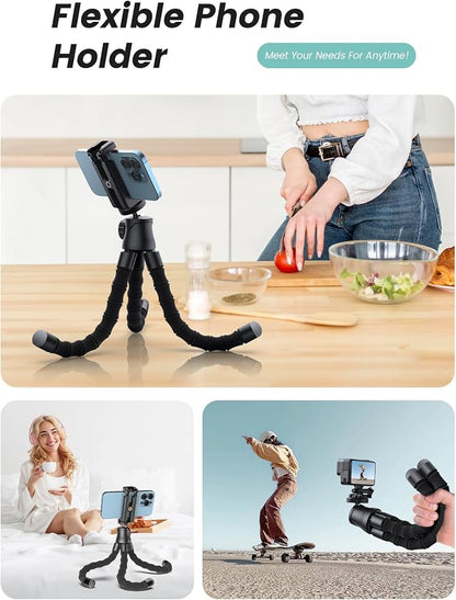 Phone Tripod with Light, Portable and Flexible Phone Stand for Video Recording with Wireless Remote, 360° Rotating Tabletop & Travel Tripods for iPhone, Smartphones, Camera