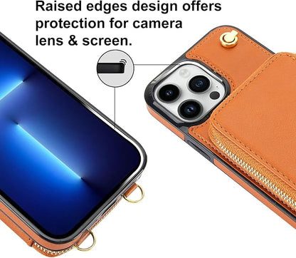 Bocasal for MagSafe Crossbody Wallet Case Compatible with iPhone 13 Pro Max, RFID Blocking Protective Purse Case with Card Slots Holder Kickstand Wrist Strap Lanyard Zipper 6.7 Inch 5G (Brown)