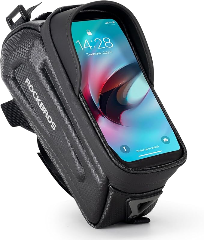 ROCKBROS Bike Phone Mount Racks & Bag, EVA Waterproof Bike Phone Holder Top Tube Front Frame Bag Bicycle Accessories Pouch for Phones Under 6.3” (Black-1.3L)