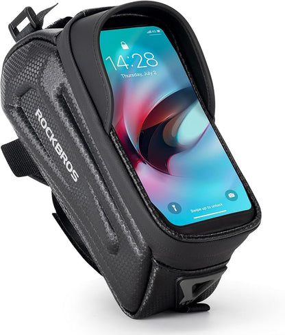 ROCKBROS Bike Phone Mount Racks & Bag, EVA Waterproof Bike Phone Holder Top Tube Front Frame Bag Bicycle Accessories Pouch for Phones Under 6.3” (Black-1.3L)
