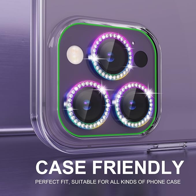 Choiche Compatible for iPhone 14 Pro/iPhone 14 Pro Max Camera Lens Protector Bling, 9H Tempered Glass Camera Cover Screen Protector Metal Ring Decoration Accessories (Diamond-Colorful)
