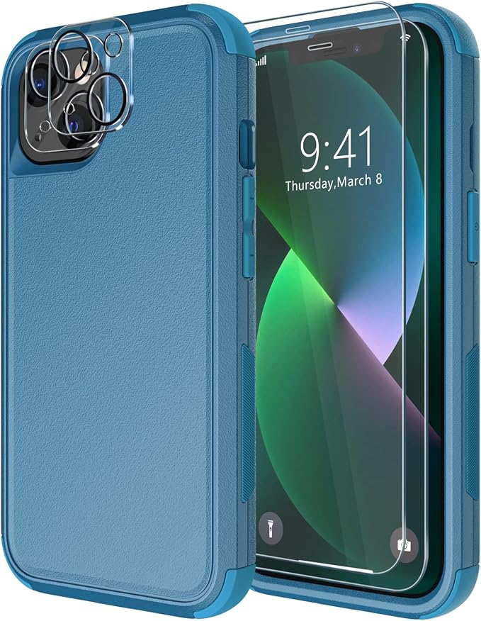 Diverbox for iPhone 13 Case [Shockproof] [Dropproof] [Tempered Glass Screen Protector + Camera Lens Protector],Heavy Duty Protection Phone Case Cover for Apple iPhone 13 (Blue)