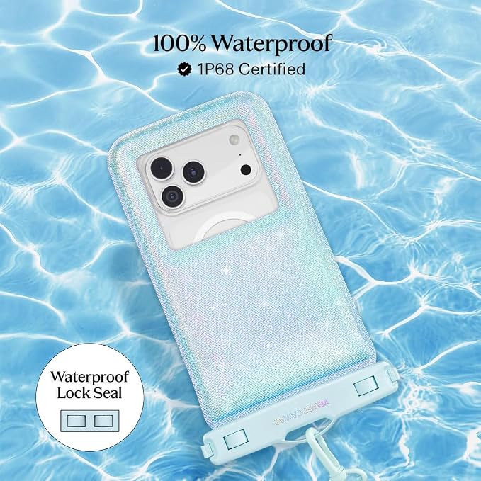 VELVET CAVIAR Waterproof Phone Pouch with Lanyard | IP68 Floating Case for iPhone & All Phones | Dry Bag for Snorkeling, Beach, Kayaking | Travel & Cruise Essentials for Women (Blue Mermaid Glitter)