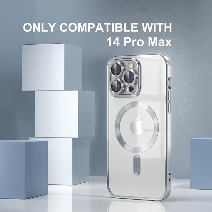 Misea Magnetic for iPhone 14 Pro Max Case Compatible with MagSafe [Never Yellowing] [Military Grade Drop Protection] Full Camera Lens Protector Plating Soft Clear Phone Case for Women Girls, Silver