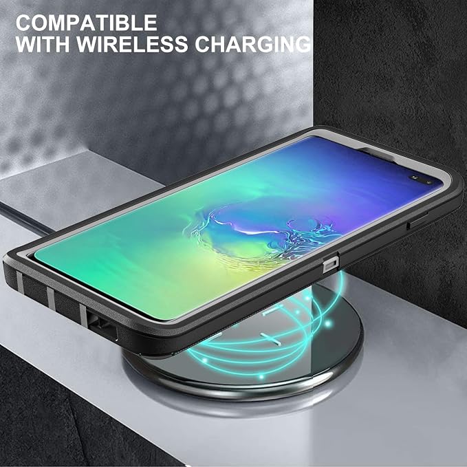 for Samsung Galaxy S10 Plus Case, with 2Pcs [Self Healing Flexible TPU Screen Protector & Camera Lens Protector] Military Grade 3 in 1 Heavy Duty Case for Galaxy S10 Plus (Black/Grey)