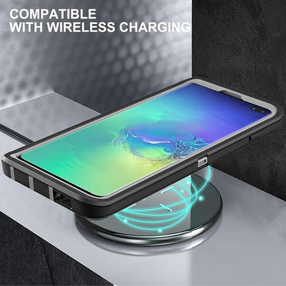 for Samsung Galaxy S10 Plus Case, with 2Pcs [Self Healing Flexible TPU Screen Protector & Camera Lens Protector] Military Grade 3 in 1 Heavy Duty Case for Galaxy S10 Plus (Black/Grey)