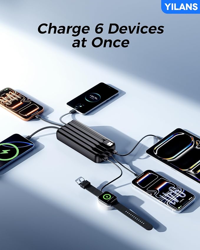 Portable Charger,50000mAh Power Bank Built-in Cable, 22.5W PD USB C In & Out Fast Charging, External Battery Pack with 6 Output & 2 Input, Travel Phone Charger for iPhone 17/16/15/14/13/12(Black)