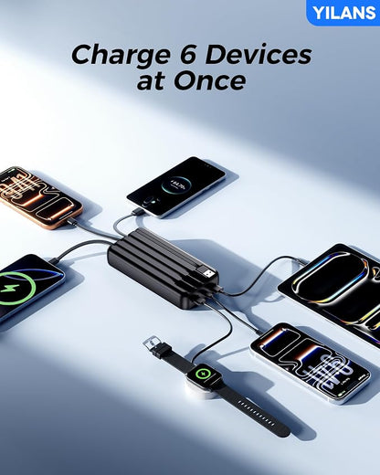 Portable Charger,50000mAh Power Bank Built-in Cable, 22.5W PD USB C In & Out Fast Charging, External Battery Pack with 6 Output & 2 Input, Travel Phone Charger for iPhone 17/16/15/14/13/12(Black)