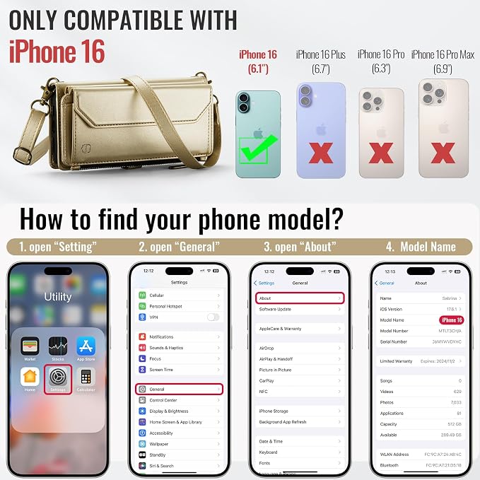 Strapurs Wallet Case Compatible with iPhone 16 6.1" RFID Blocking 7-Card Holder Soft PU Leather Magnetic Snap Shoulder Strap Zipper Pocket Phone Case Fit for iPhone 16 for Women - Gold