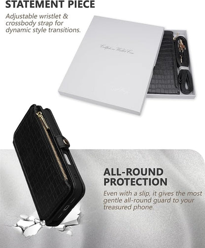 Crossbody Wallet Case for iPhone 17 Pro with Mirror, Wrist Strap, Zipper Purse Magnetic Flip, RFID Blocking Card Holder, Wireless Charging, PU Leather Shockproof 6.3" Women (Black)