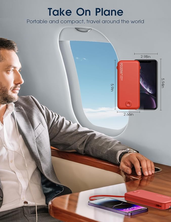 Nusyddy Portable Charger 10000mAh PD20W w/Built-in Cables & Wall Plug Red | PD20W Fast Charging, Battery Indicator, Pass Through Charging, TSA Approved, Compact/Slim, Power Bank for iPhone/iPad/Samsung