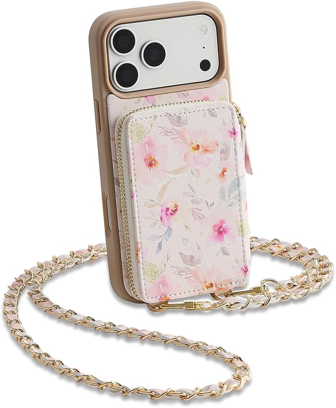 ZVE for iPhone 17 Pro Wallet Case Crossbody, Zipper Phone Cover with Chain Wrist Strap RFID Blocking for 6.3" Flower