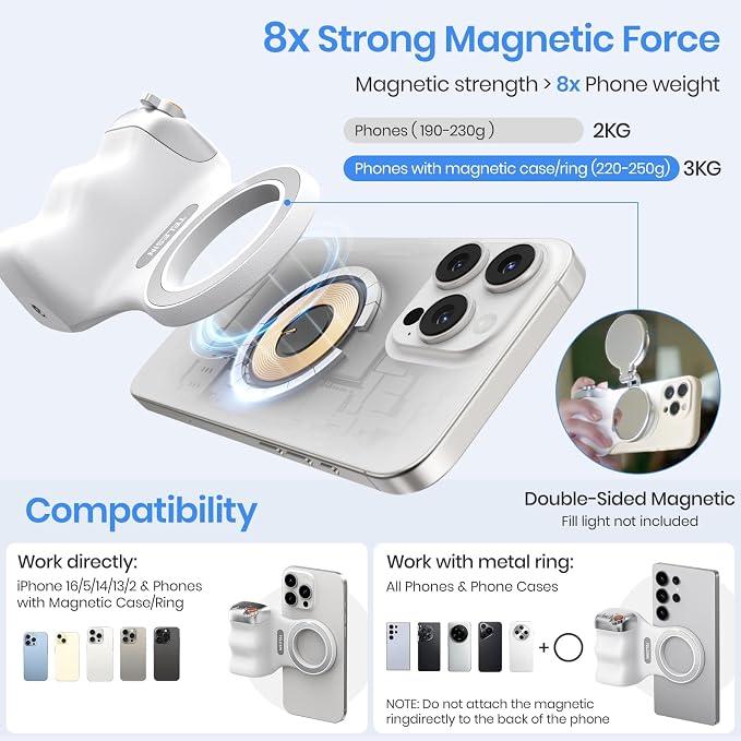 Magnetic Phone Camera Grip, Smartphone Shooting Holder Selfie Handle Snap with Wireless Shutter Button Remote for iPhone 16 15 14 13 12 Pro Max Android Cellphone Vlog Video Photography(White)