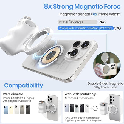 Magnetic Phone Camera Grip, Smartphone Shooting Holder Selfie Handle Snap with Wireless Shutter Button Remote for iPhone 16 15 14 13 12 Pro Max Android Cellphone Vlog Video Photography(White)