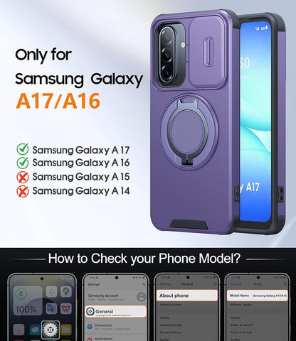 JAME for Samsung Galaxy A17/A16 5G Case, Ring Holder Stand, Slide Camera Cover, 2 Pack Screen Protectors, Dual-Layer Shockproof Protective, Magnetic Accessory Friendly Galaxy A16/A17 4G Case, Purple