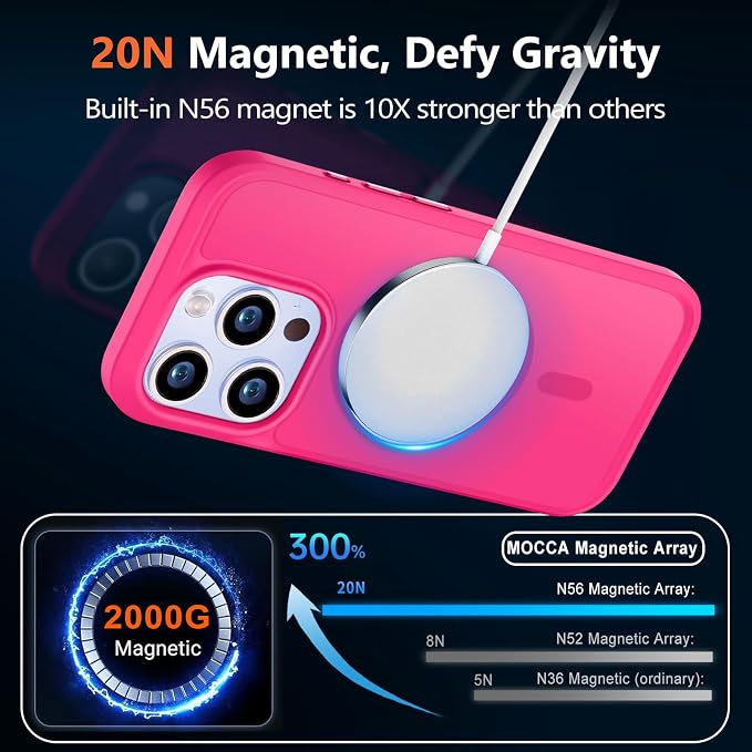 MOCCA Strong Magnetic for iPhone 15 Pro Case, [Compatible with Magsafe][13FT Military Drop Protection] Slim Translucent Matte Shockproof Case for iPhone 15 Pro Phone Case 6.1'', Hot Pink