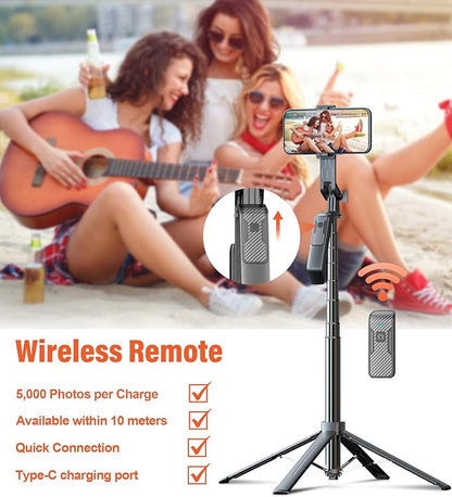 Selfie Stick Phone Tripod - 71 inch Tall Cell Phone Holder with Detachable Wireless Remote and 2 LED Lights for Recording, Video and Picture, Phone Stand for iPhone, Android, Camera & Gopro