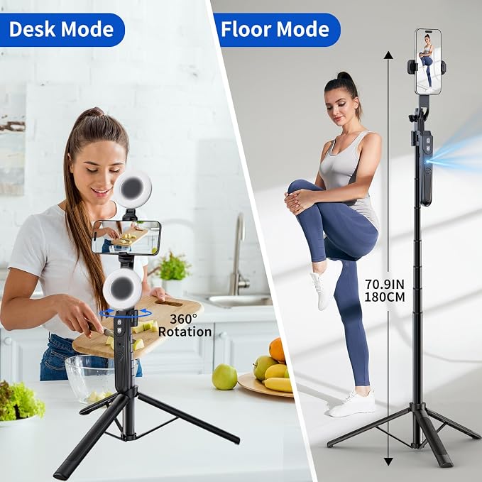 yAyusi 70.9" Auto Face Tracking Selfie Stick Tripod for iPhone with Light, No App, 360° Rotation Tripod That Follows Your Movement with Remote Control for Vlog/Live Stream/Video Recording
