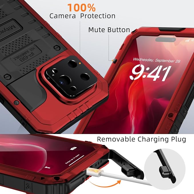 Mitywah Waterproof Case for iPhone 14 Pro, Heavy Duty Shockproof Case with Built-in Screen Protector, Full Body Underwater Protective Metal Case 6.1 inch, Red